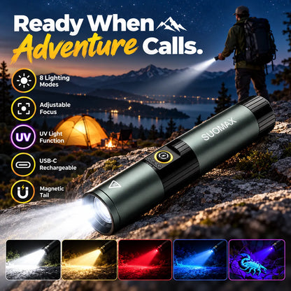 🎁8-Mode Rechargeable LED Flashlight – Adjustable Focus & UV Light