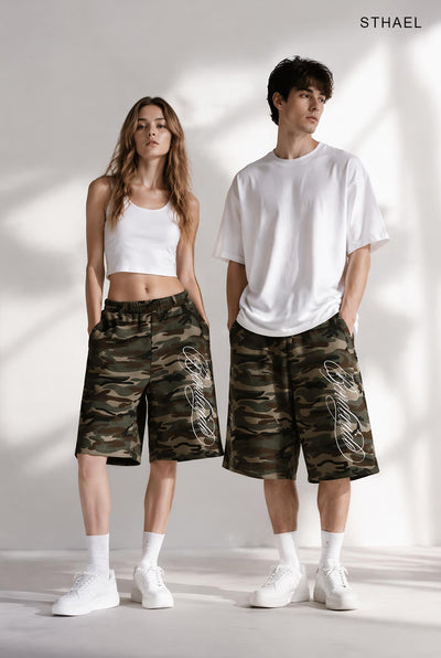 Vintage Camo Embroidered Wide-Leg Cropped Pants