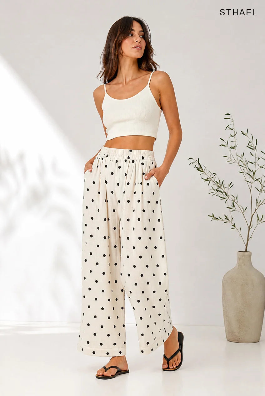 Women's Cotton-Linen Polka Dot Wide-Leg Pants