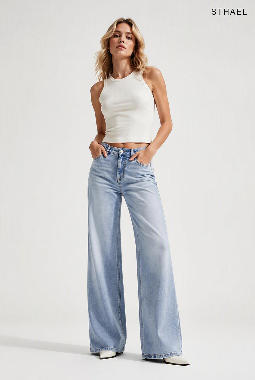 Mid Rise Stretch Wide Leg Baggy Jeans