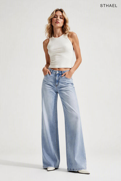 Mid Rise Stretch Wide Leg Baggy Jeans