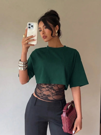 🎉Cropped Short T-shirt with Lace Splicing, Loose Layered Design, Sexy Daily Commute Wear Summer