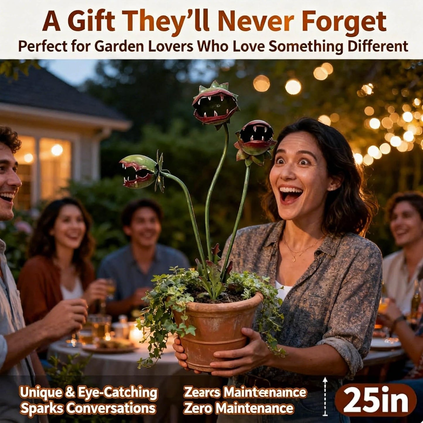 🌿 Whimsical Metal Carnivorous Plant Garden Stake – 25-Inch Large Monster Plant Sculpture For Outdoor Garden Decor 🦷✨
