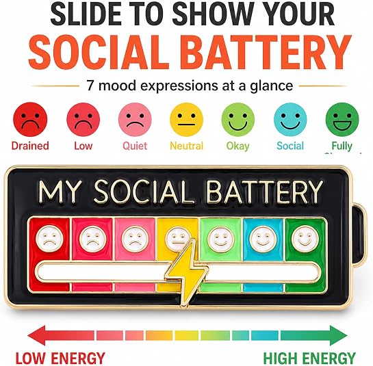 2 Pack Social Battery Slider Pin - Interactive Mood Pin for Introverts
