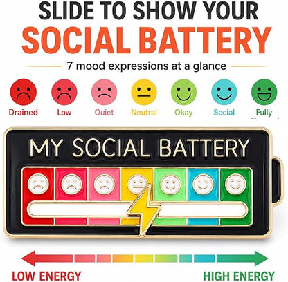 2 Pack Social Battery Slider Pin - Interactive Mood Pin for Introverts