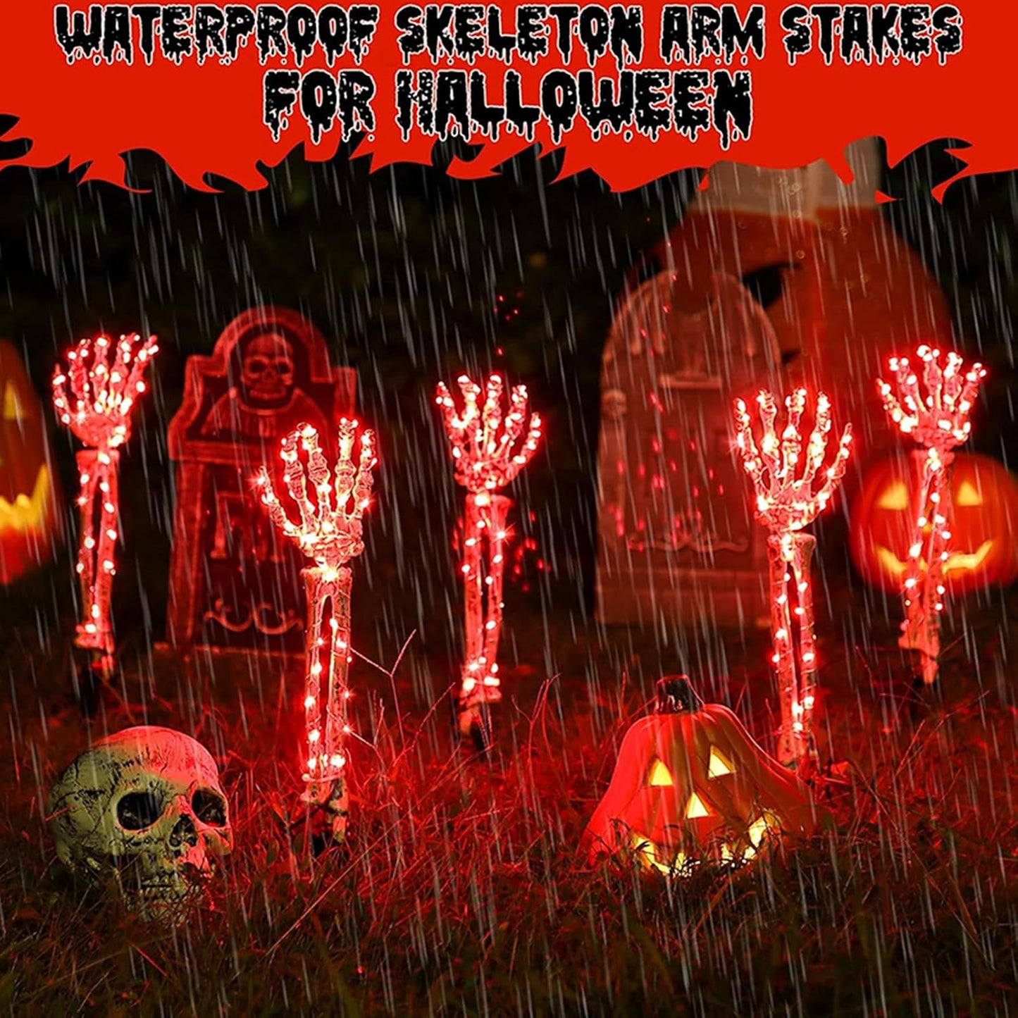 Halloween Skeleton Arm Stake Adjustable Skeleton Hand LED Light with 8 Lighting Modes (Red)