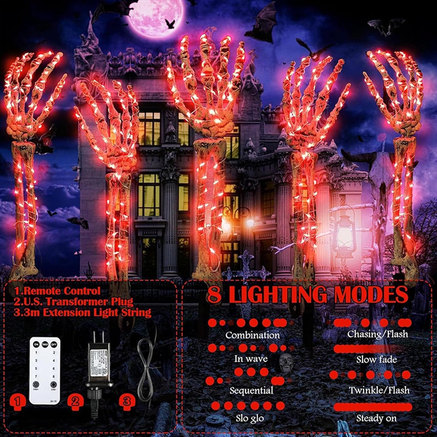 Halloween Skeleton Arm Stake Adjustable Skeleton Hand LED Light with 8 Lighting Modes (Red)