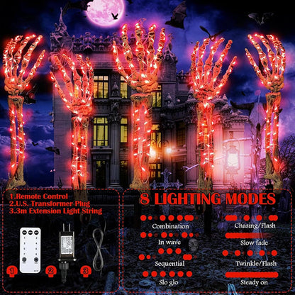 Halloween Skeleton Arm Stake Adjustable Skeleton Hand LED Light with 8 Lighting Modes (Red)