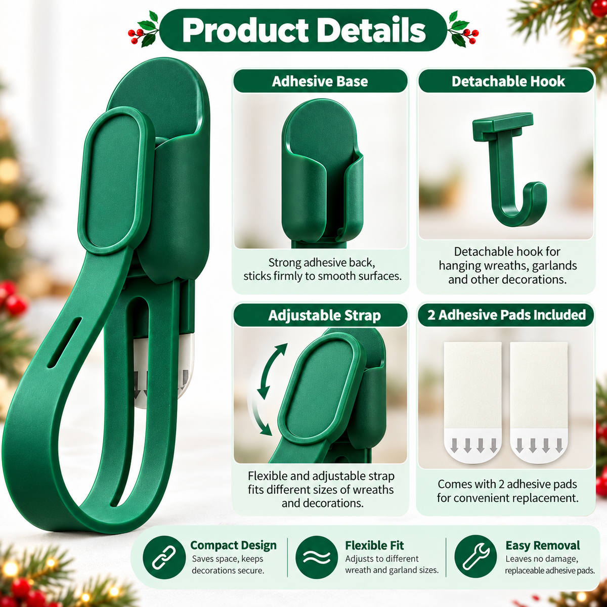 🎄 6-Pack Christmas Wreath Hangers – No-Drill Peel & Stick Holiday Hooks