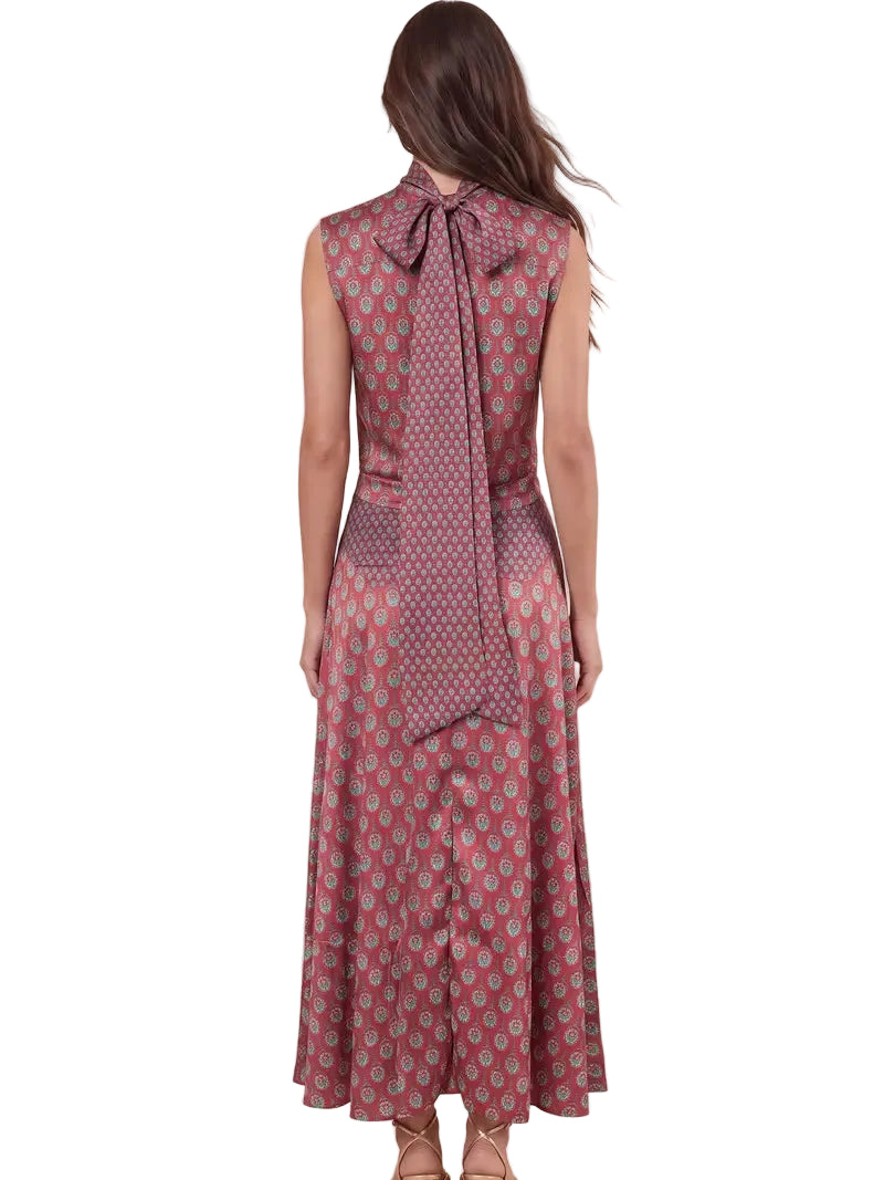 Elegant Retro Print Satin Two-Piece Set – Sleeveless Scarf Neck Halter Top & Flowing Maxi Skirt