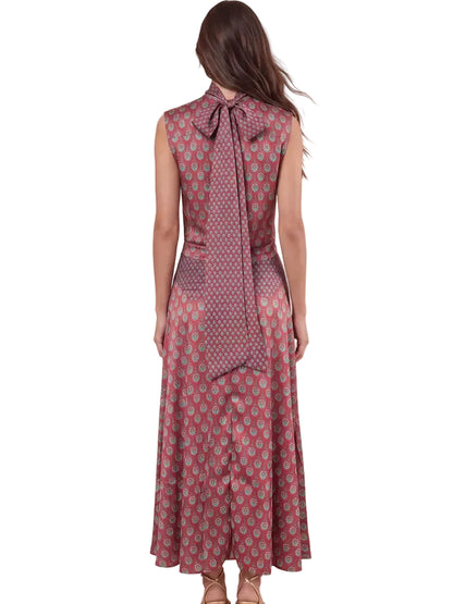 Elegant Retro Print Satin Two-Piece Set – Sleeveless Scarf Neck Halter Top & Flowing Maxi Skirt