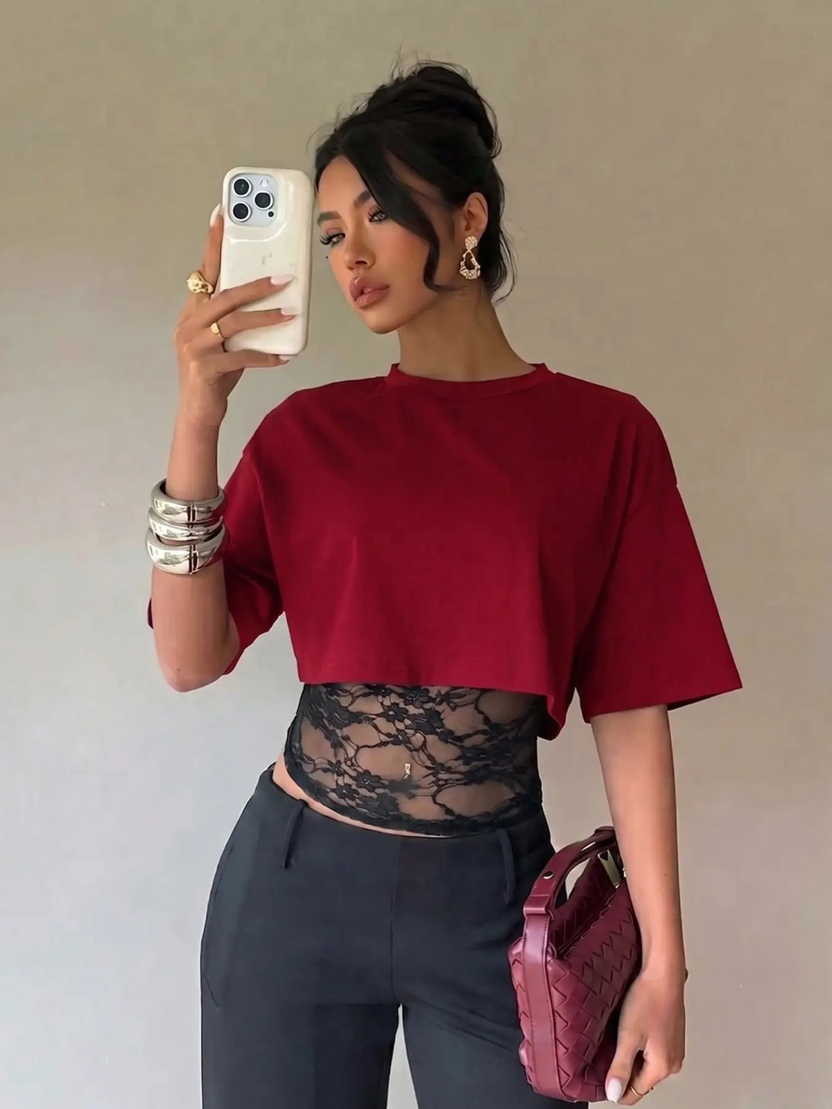 🎉Cropped Short T-shirt with Lace Splicing, Loose Layered Design, Sexy Daily Commute Wear Summer