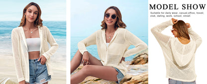 Women's Crochet Lightweight Cardigan Zip Up Hooded Long Sleeve Knit Sweater Mesh Beach Swim Cover Up