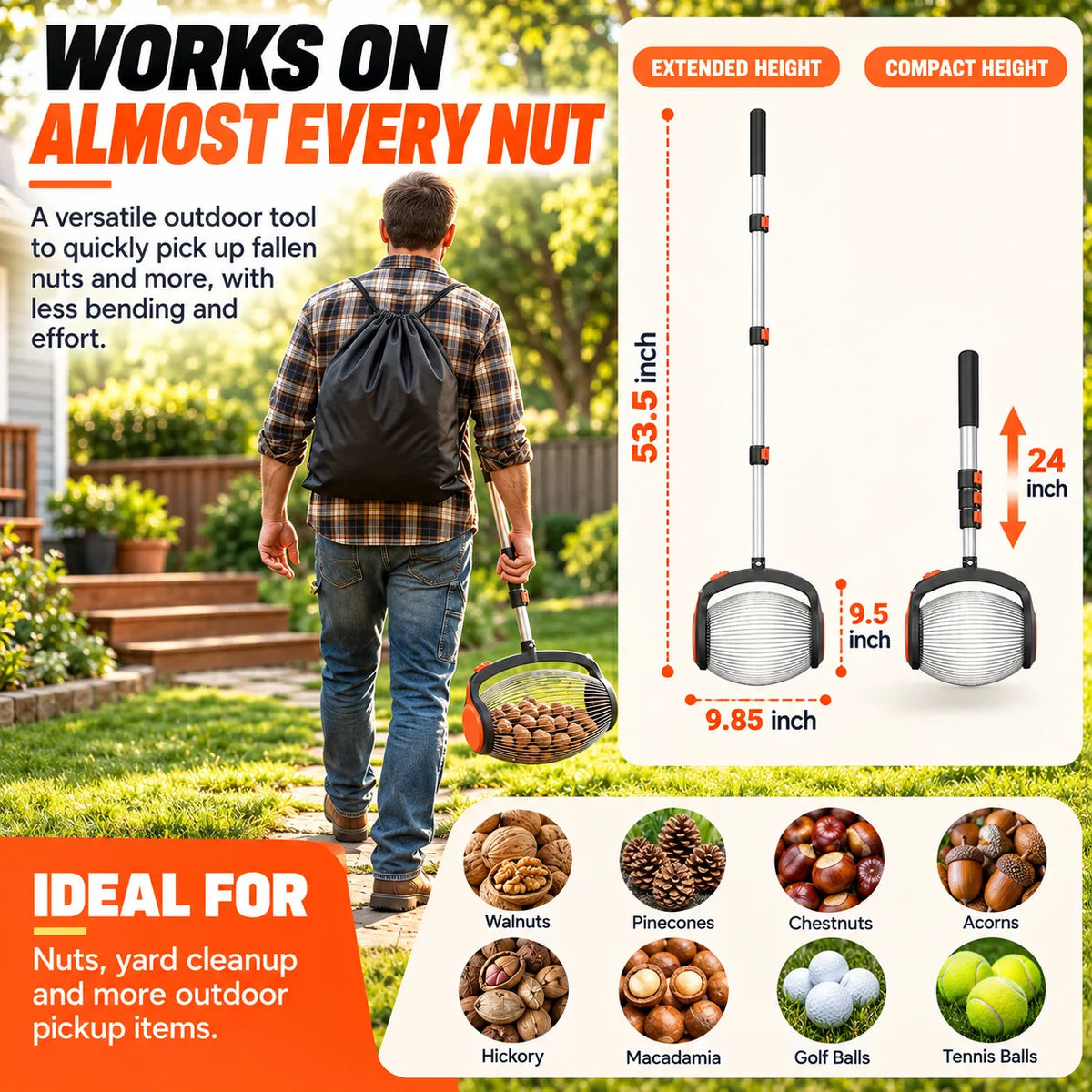 🎁Telescoping Nut Gatherer – Adjustable Rolling Nut & Fruit Collector