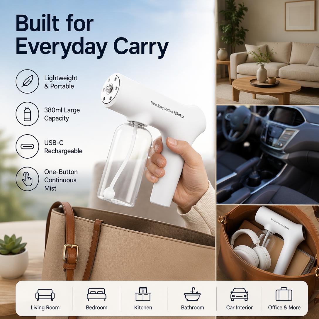 Portable Nano Mist Sprayer – Rechargeable Fine Mist Spray Gun with 380ml Large Capacity & USB-C Charging