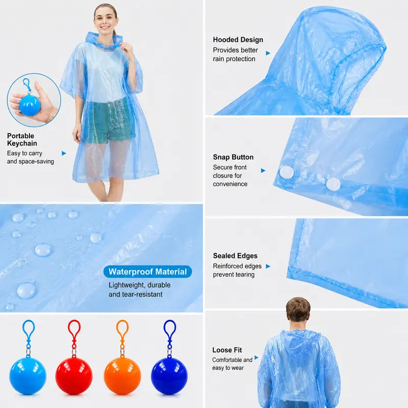 Emergency Waterproof Adult Rain Poncho with Keychain Ball