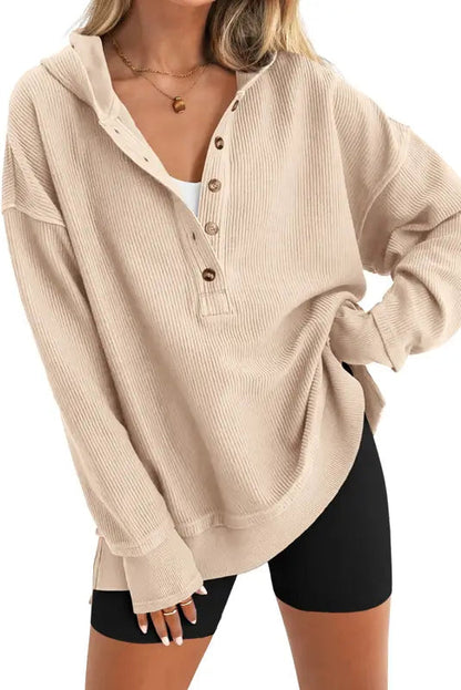 Women's Oversized V-Neck Button Hoodie Pullover