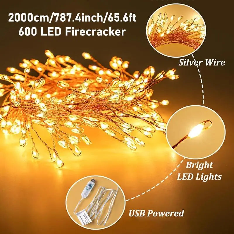 🎁600 LED Firecracker Fairy Lights – 65.6FT USB Christmas String Lights with Storage Reel