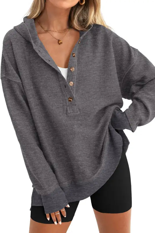 Women's Oversized V-Neck Button Hoodie Pullover