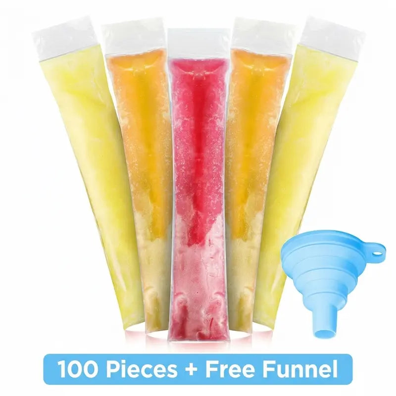100 Pack Disposable Ice Pop Mold Bags with Silicone Funnel – BPA-Free Ziplock Freezer Pouches for Homemade Frozen Treats 🍧