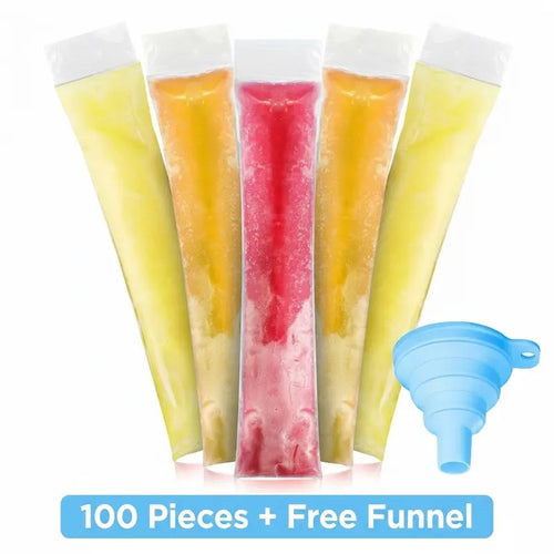 100 Pack Disposable Ice Pop Mold Bags with Silicone Funnel – BPA-Free Ziplock Freezer Pouches for Homemade Frozen Treats 🍧