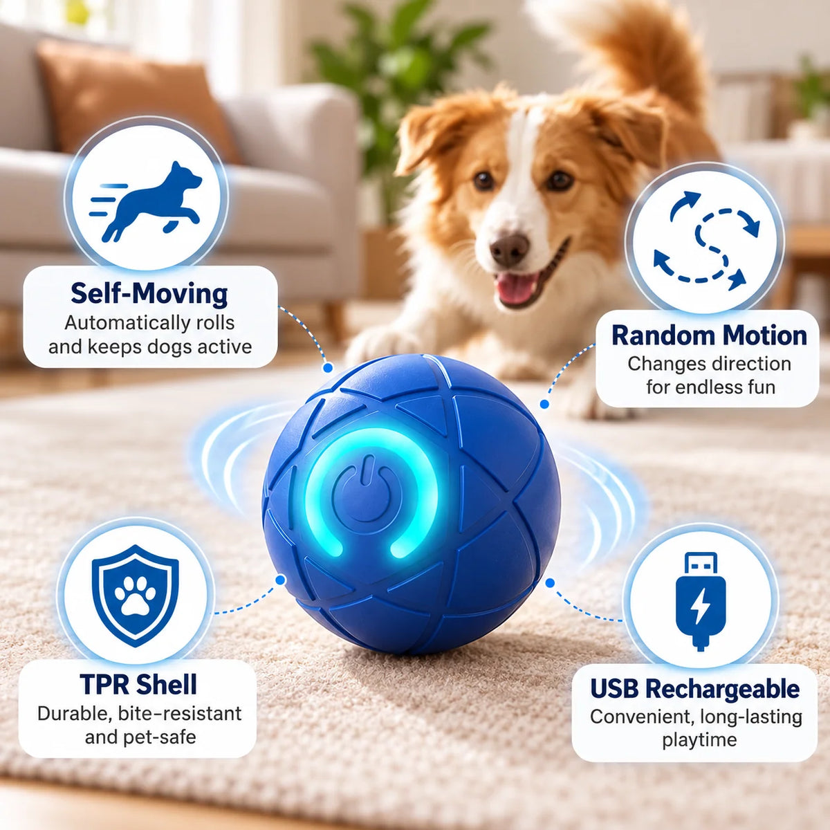 🎁Self-Moving Interactive Dog Ball – USB Rechargeable Pet Toy
