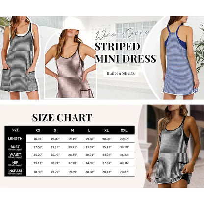👗 Tanming Women’s Summer Athletic Mini Dress – Sleeveless V-Neck Striped Tennis Dress with Built-In Shorts ☀️🎾