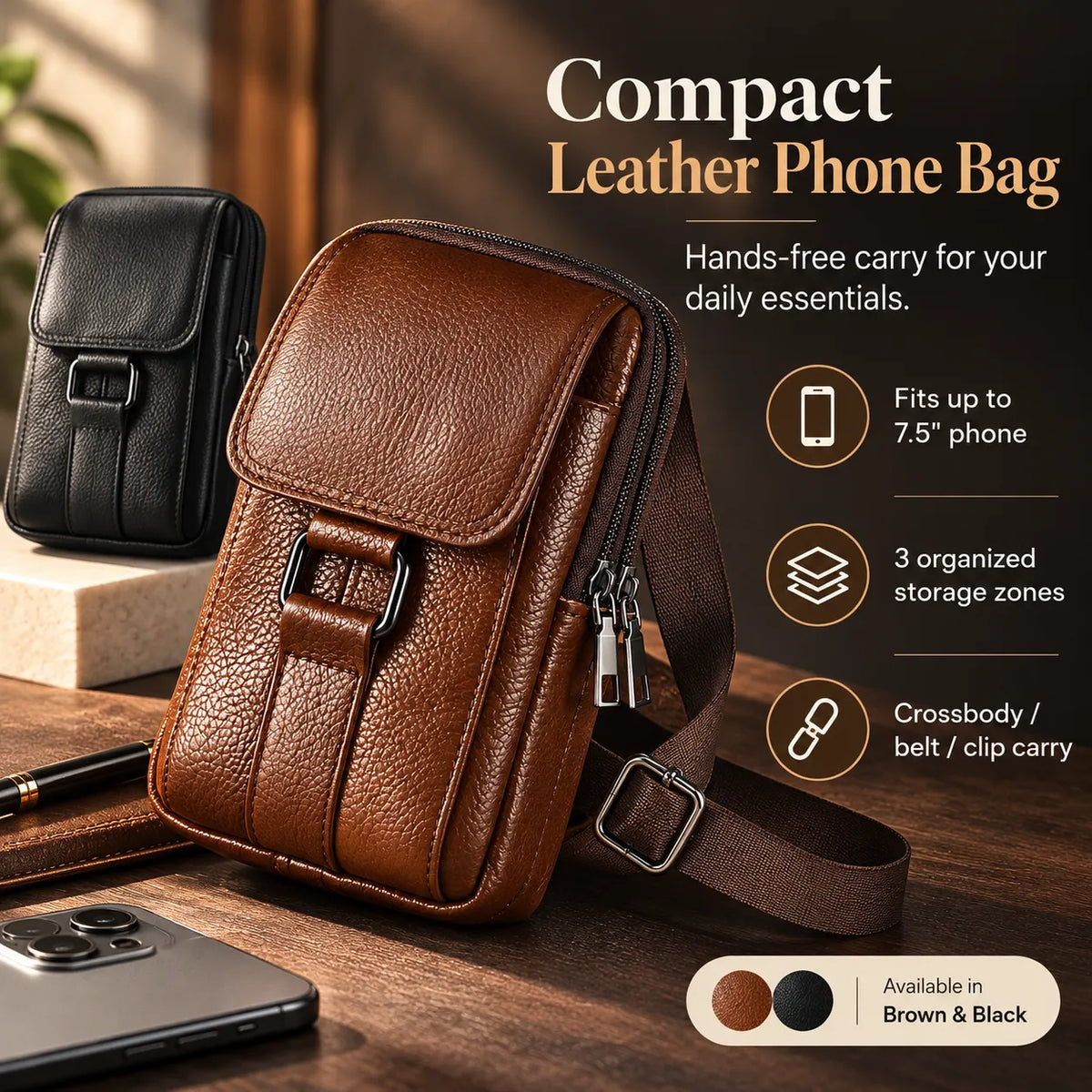🎁Men’s Leather Phone Bag with 3 Compartments, Magnetic Flap & Adjustable Crossbody Strap