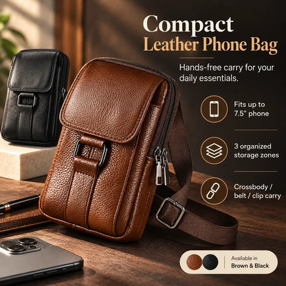 🎁Men’s Leather Phone Bag with 3 Compartments, Magnetic Flap & Adjustable Crossbody Strap