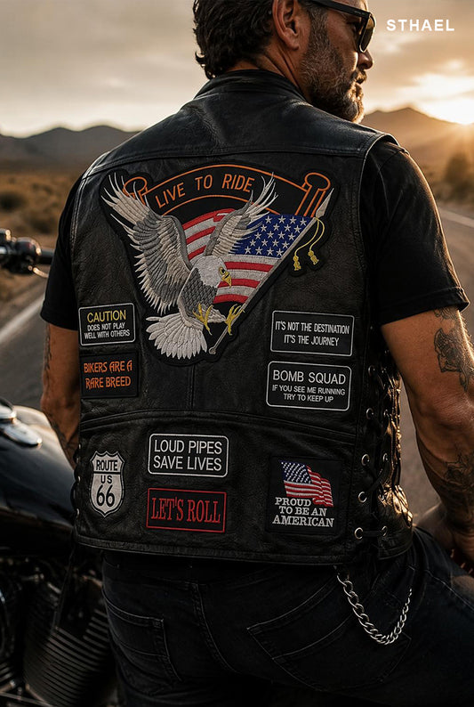 🦅 Bikerweste aus echtem Leder – Adler & Amerika-Patches