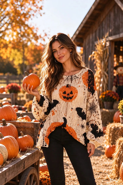 🎁Women’s Halloween Pumpkin Bat Knit Sweater