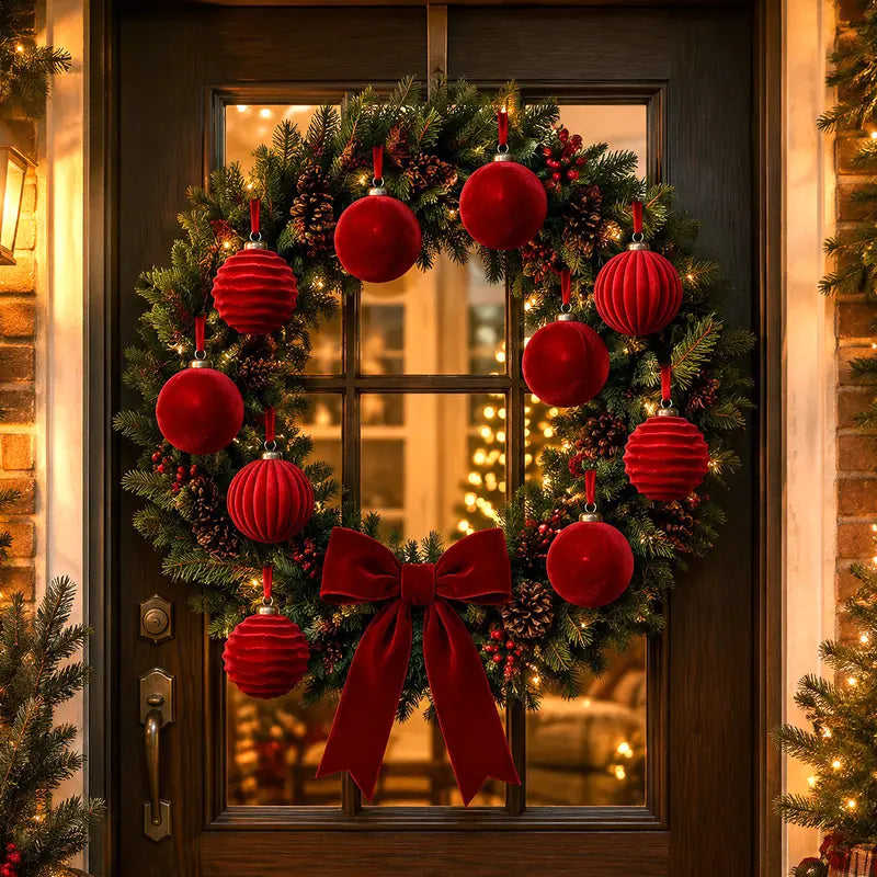 🎁16-Piece Red Velvet Flocked Christmas Ornaments