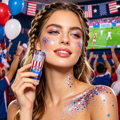✨ Self-Adhesive Glitter Stick – Red White & Blue Patriotic Body Makeup for 4th of July & Festivals