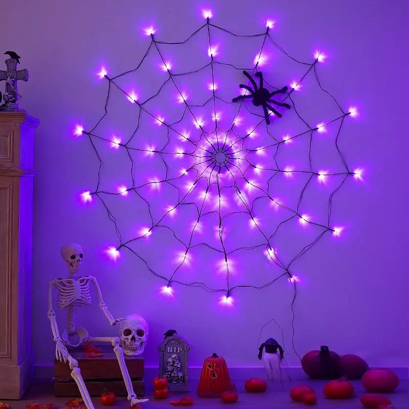 Purple LED Halloween Spider Web Lights With Spider