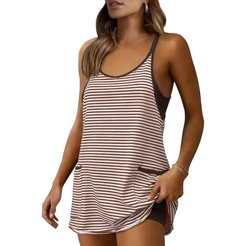 👗 Tanming Women’s Summer Athletic Mini Dress – Sleeveless V-Neck Striped Tennis Dress with Built-In Shorts ☀️🎾