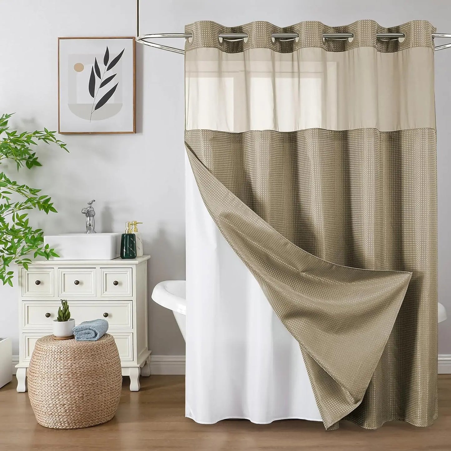 Colorful Star No-Hook Shower Curtain Set with Snap-In Liner