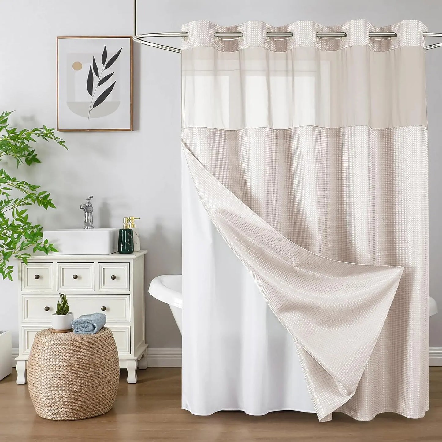 Colorful Star No-Hook Shower Curtain Set with Snap-In Liner