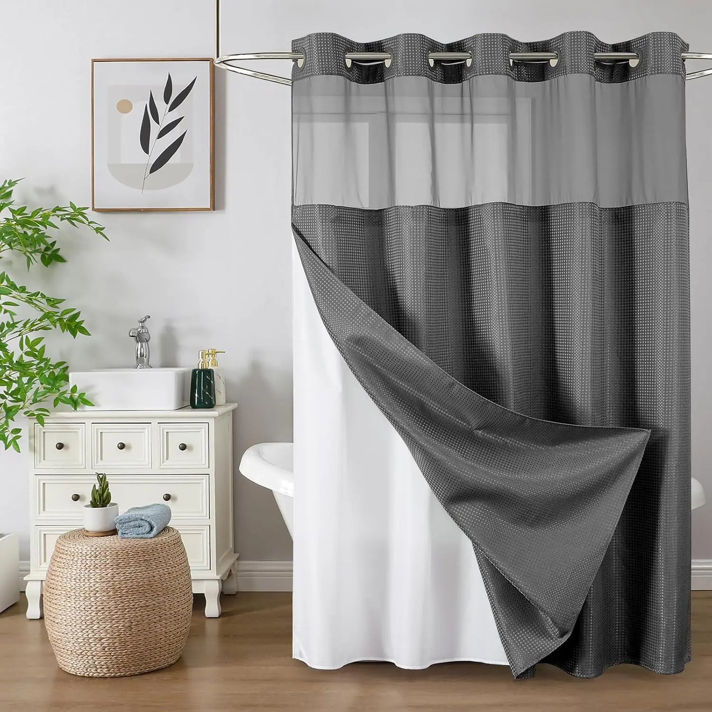 Colorful Star No-Hook Shower Curtain Set with Snap-In Liner
