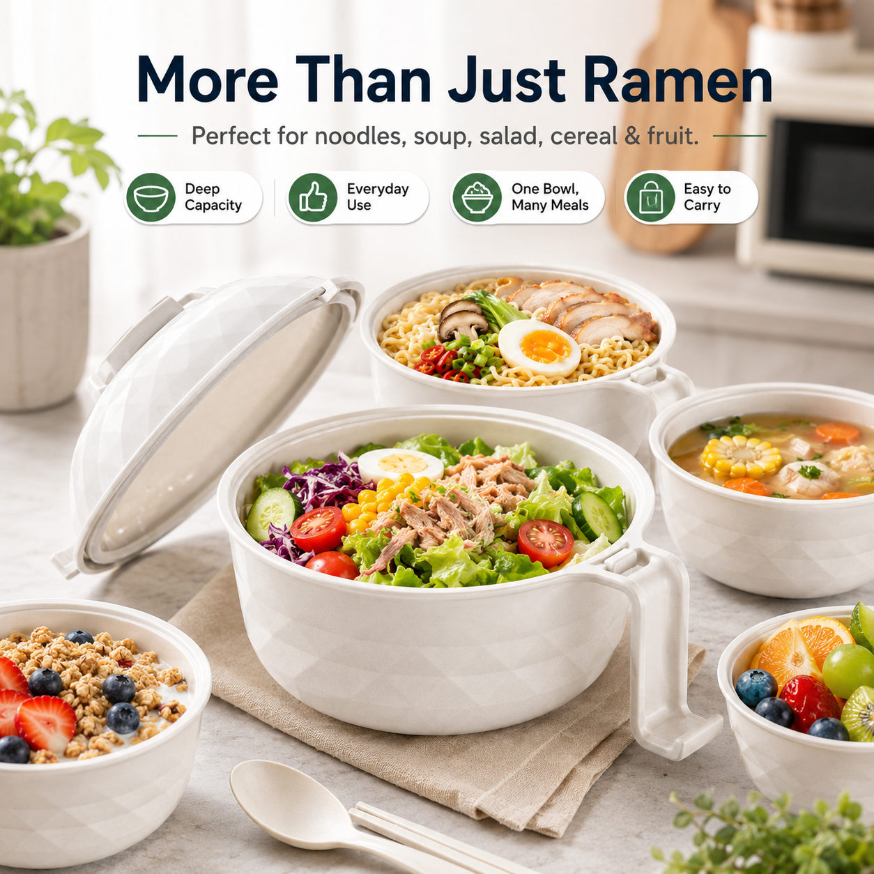 🍜 6Pcs Microwave Ramen Bowl Set with Strainer Lid