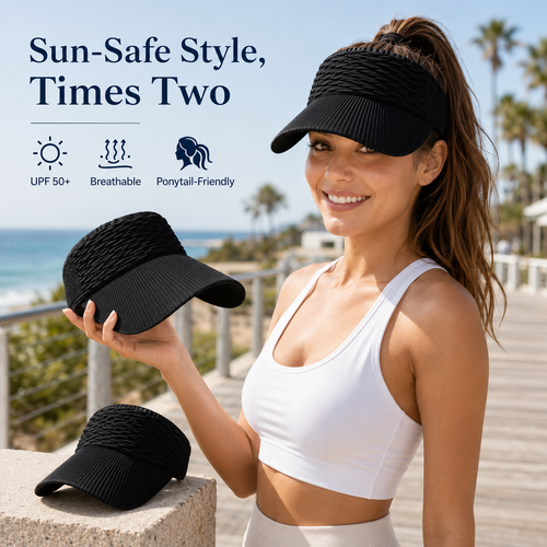 🧢 2Pcs Women High Ponytail Open Top Sun Visor Hat, UV Protection