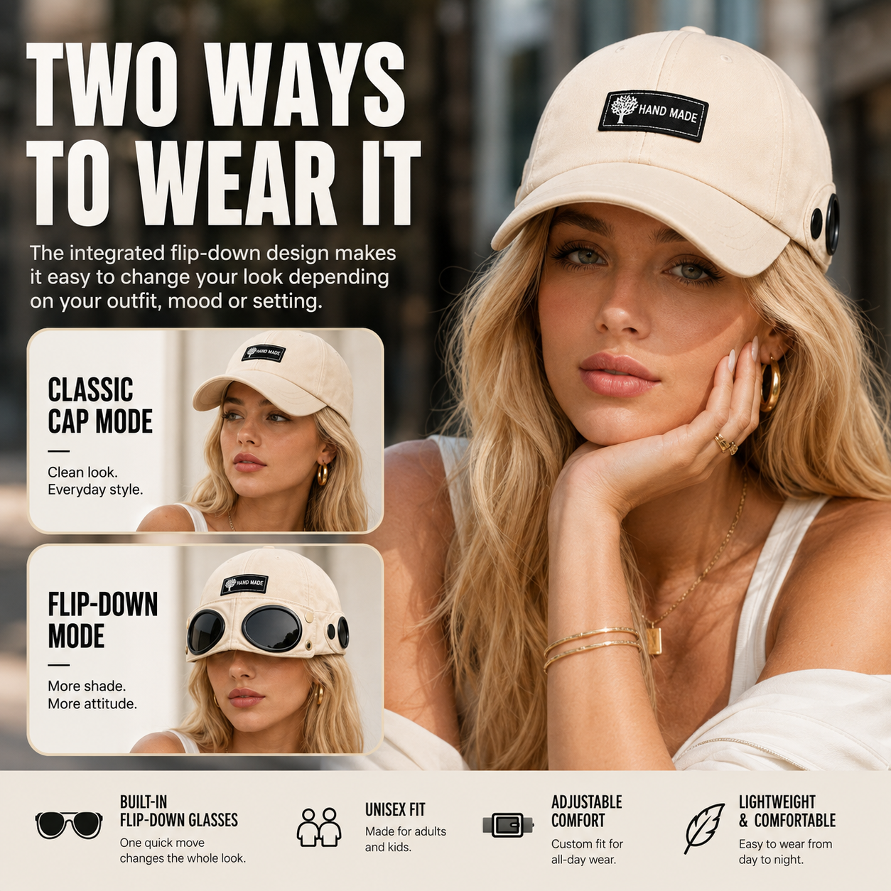 Unisex Baseball Cap Aviator Hat with Goggles Hip Hop Sport Snapback Cap