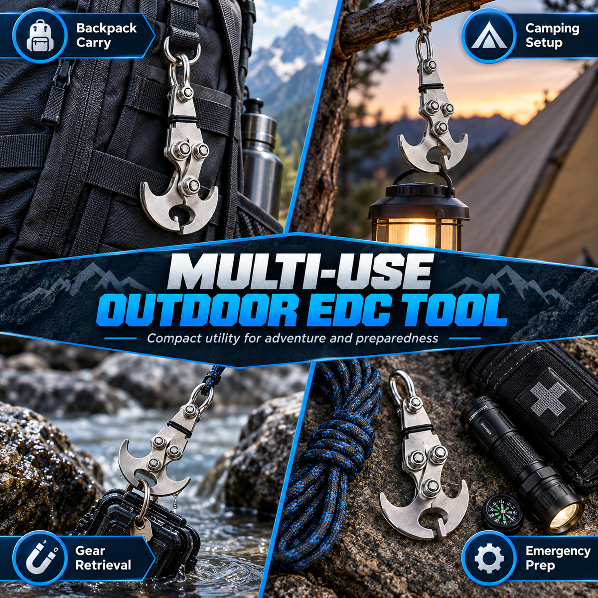 150kg Capacity Stainless Steel Grappling Hook Carabiner, Multifunctional EDC Tool