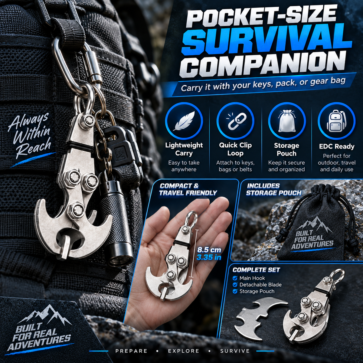 150kg Capacity Stainless Steel Grappling Hook Carabiner, Multifunctional EDC Tool