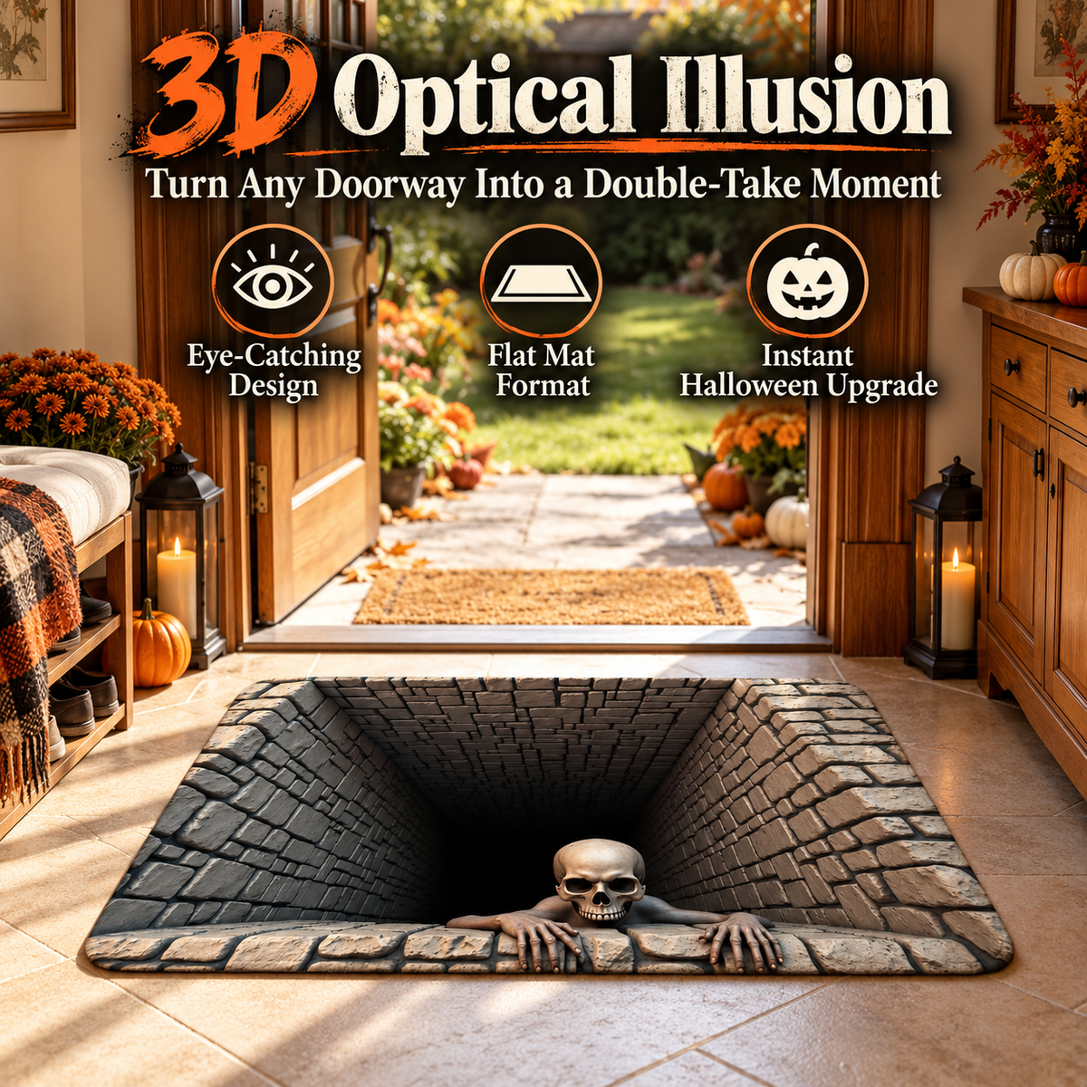 ❤️3D Halloween Optical Illusion Door Mat – Spooky Non-Slip Entryway Rug