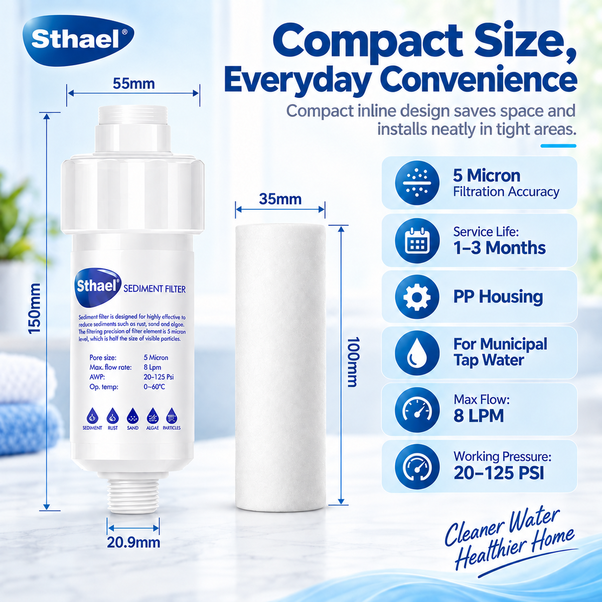 🎉5-Micron Universal Water Sediment Filter – Washing Machine, Shower & Faucet Prefilter