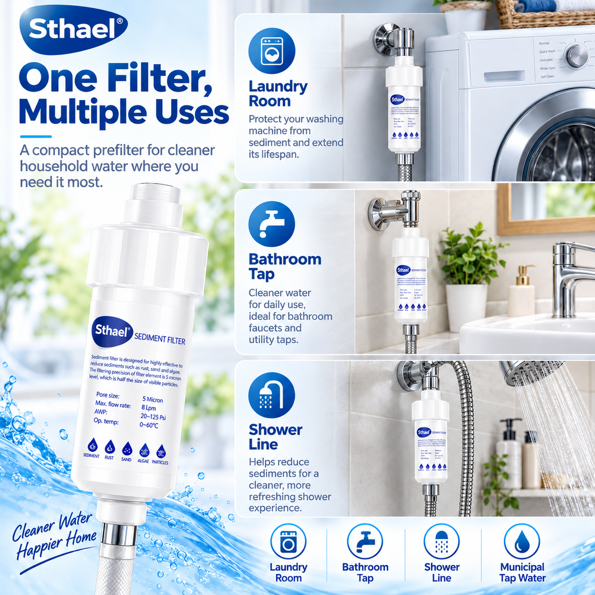 🎉5-Micron Universal Water Sediment Filter – Washing Machine, Shower & Faucet Prefilter