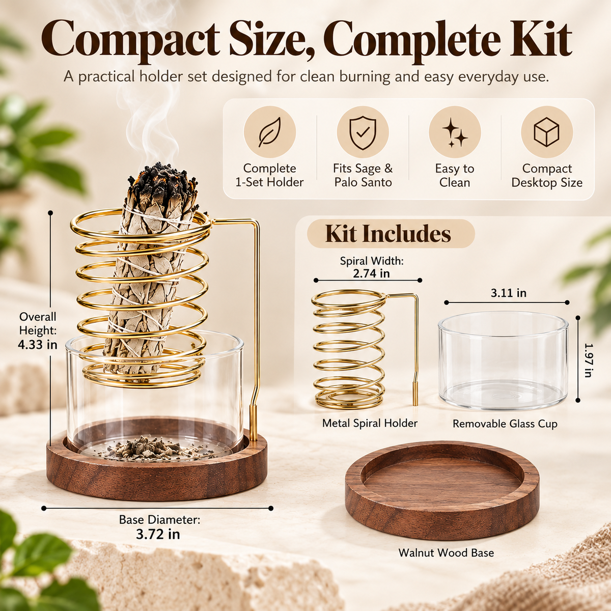 🎉Spiral Sage & Palo Santo Incense Holder with Glass Ash Catcher