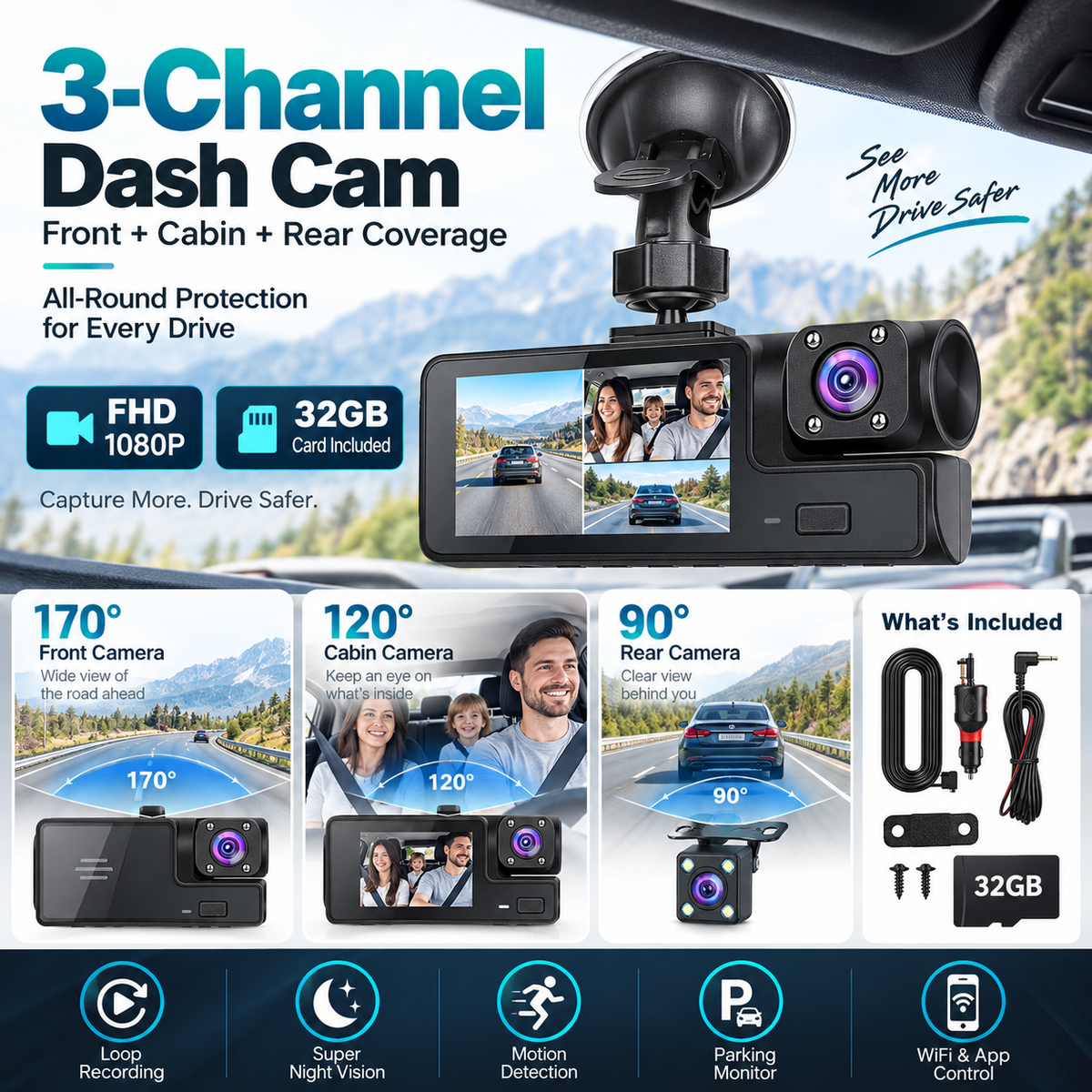 🎉3-Camera 1080P Full HD Car Dash Cam