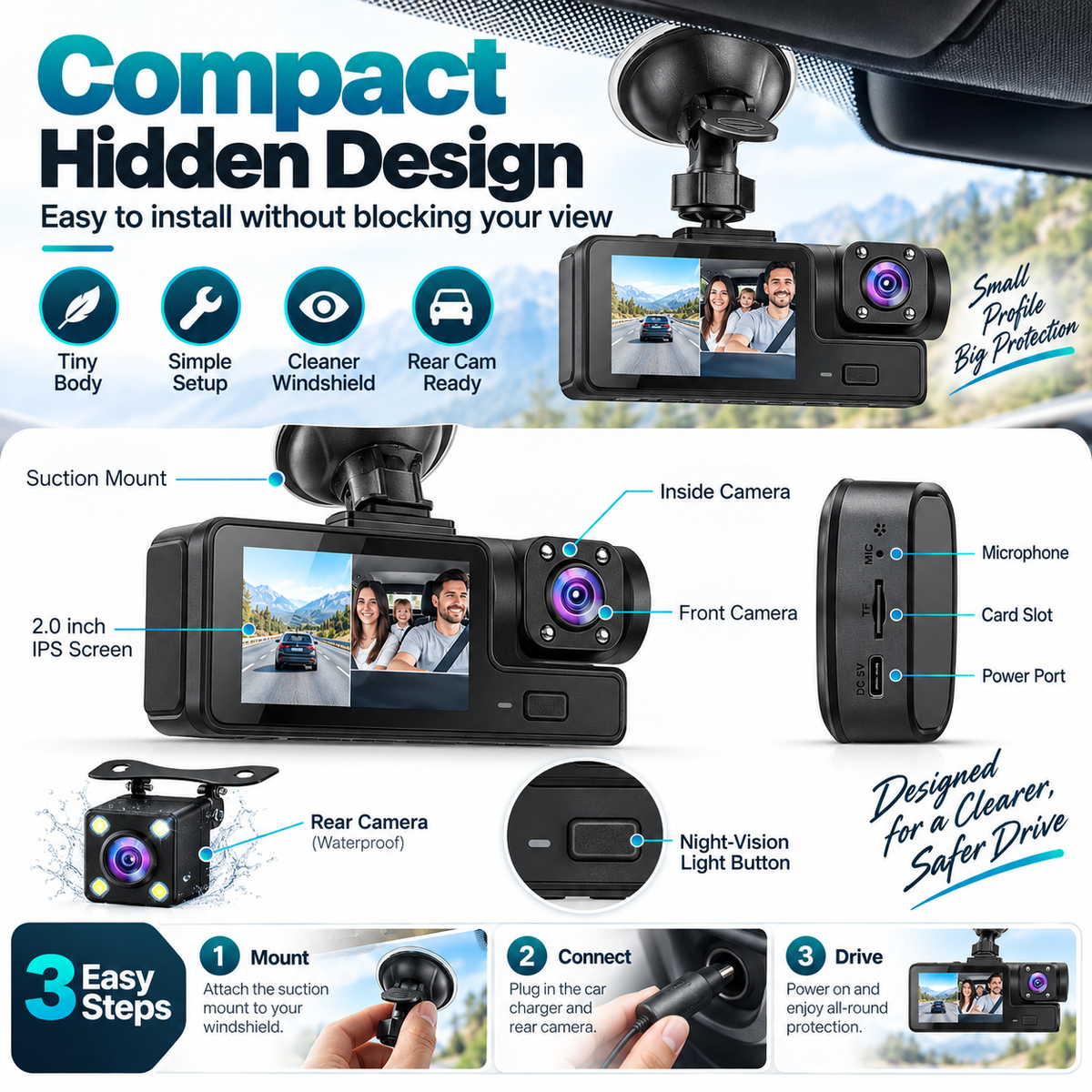 🎉3-Camera 1080P Full HD Car Dash Cam