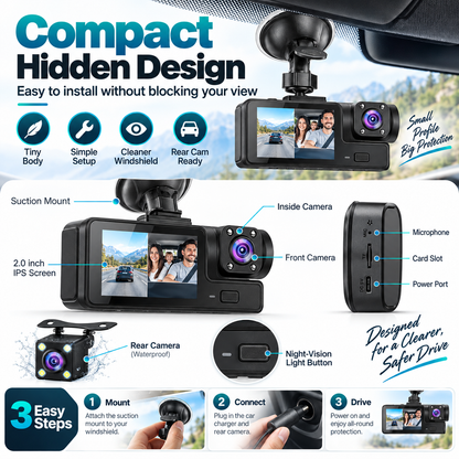 🎉3-Camera 1080P Full HD Car Dash Cam